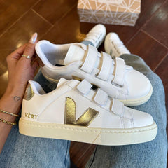 Tênis Velcro Branco e Dourado Premium